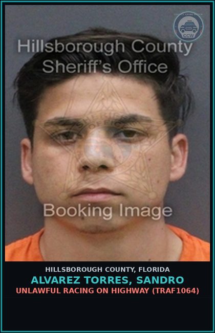 CCW arrest card for ALVAREZ TORRES, SANDRO in Hillsborough County: UNLAWFUL RACING ON HIGHWAY (TRAF1064)