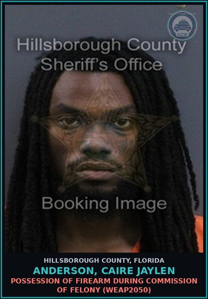 CCW arrest card for ANDERSON, CAIRE JAYLEN in Hillsborough County: POSSESSION OF FIREARM DURING COMMISSION OF FELONY (WEAP2050)