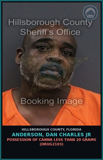CCW arrest card for ANDERSON, DAN CHARLES JR in Hillsborough County: POSSESSION OF Canna LESS THAN 20 GRAMS (DRUG2103)