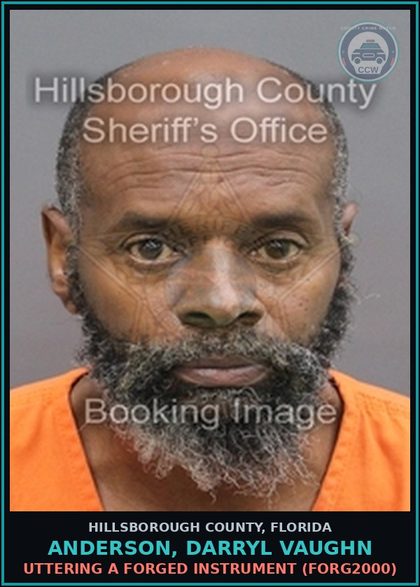 CCW arrest card for ANDERSON, DARRYL VAUGHN in Hillsborough County: UTTERING A FORGED INSTRUMENT (FORG2000)