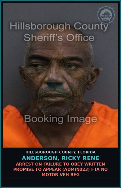 CCW arrest card for ANDERSON, RICKY RENE in Hillsborough County: ARREST ON FAILURE TO OBEY WRITTEN PROMISE TO APPEAR (ADMIN023) FTA NO MOTOR VEH REG