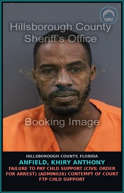 CCW arrest card for ANFIELD, KHIRY ANTHONY in Hillsborough County: FAILURE TO PAY chld SUPPORT (CIVIL ORDER FOR ARREST) (ADMIN026) CONTEMPT OF COURT FTP chld SUPPORT