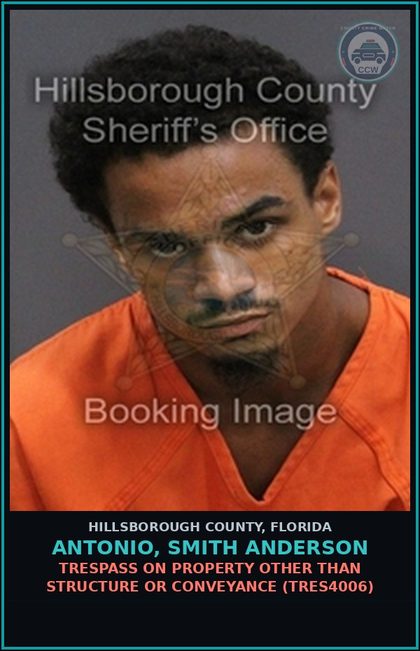 CCW arrest card for ANTONIO, SMITH ANDERSON in Hillsborough County: TRESPASS ON PROPERTY OTHER THAN STRUCTURE OR CONVEYANCE (TRES4006)