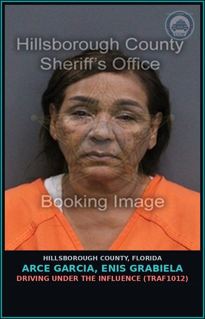 CCW arrest card for ARCE GARCIA, ENIS GRABIELA in Hillsborough County: DRIVING UNDER THE INFLUENCE (TRAF1012)