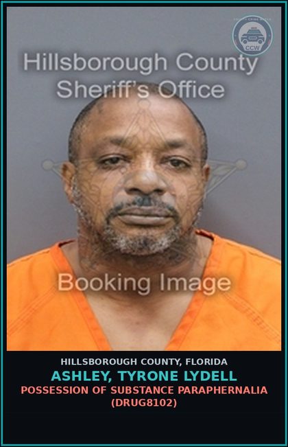CCW arrest card for ASHLEY, TYRONE LYDELL in Hillsborough County: POSSESSION OF DRUG PARAPHERNALIA (DRUG8102)