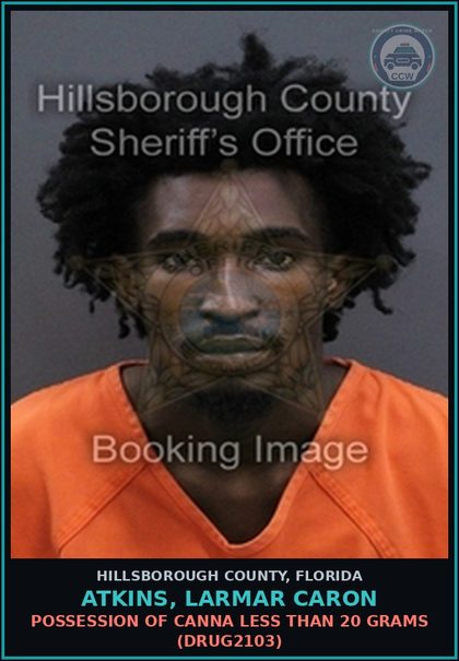 CCW arrest card for ATKINS, LARMAR CARON in Hillsborough County: POSSESSION OF Canna LESS THAN 20 GRAMS (DRUG2103)