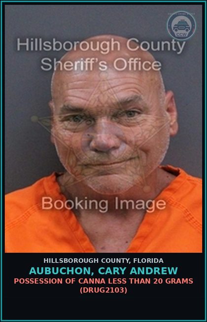 CCW arrest card for AUBUCHON, CARY ANDREW in Hillsborough County: POSSESSION OF Canna LESS THAN 20 GRAMS (DRUG2103)