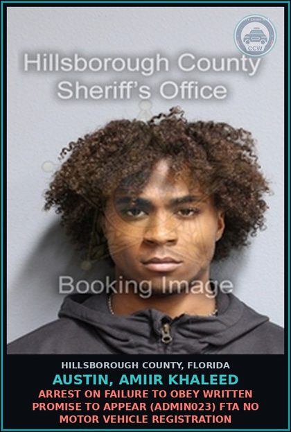 CCW arrest card for AUSTIN, AMIIR KHALEED in Hillsborough County: ARREST ON FAILURE TO OBEY WRITTEN PROMISE TO APPEAR (ADMIN023) FTA NO MOTOR VEHICLE REGISTRATION