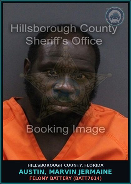 CCW arrest card for AUSTIN, MARVIN JERMAINE in Hillsborough County: FELONY BATTERY (BATT7014)