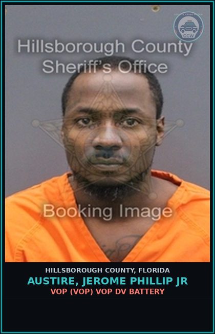 CCW arrest card for AUSTIRE, JEROME PHILLIP JR in Hillsborough County: OUT OF COUNTY WARRANT (ADMIN021) FTA 1CT PETIT THEFT