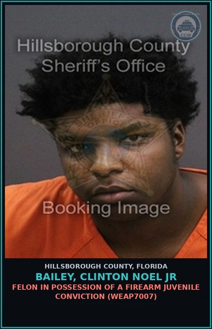 CCW arrest card for BAILEY, CLINTON NOEL JR in Hillsborough County: FELON IN POSSESSION OF AMMUNITION (JUVENILE CONVICTION) (WEAP7010)