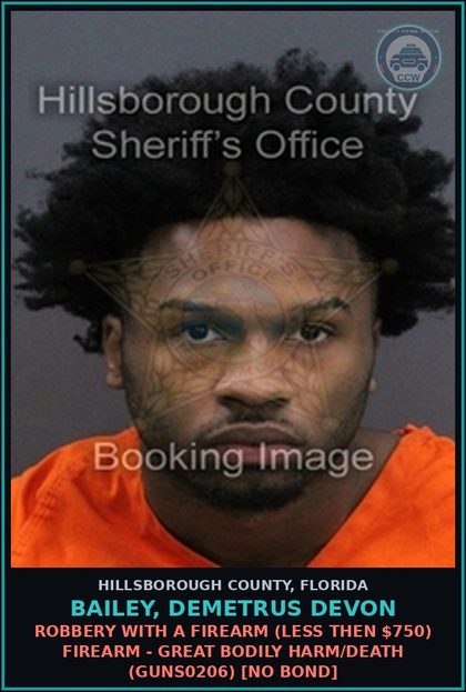 CCW arrest card for BAILEY, DEMETRUS DEVON in Hillsborough County: ROBBERY WITH A FIREARM (LESS THEN $750) FIREARM - GREAT BODILY HARM/DEATH (GUNS0206) [NO BOND]