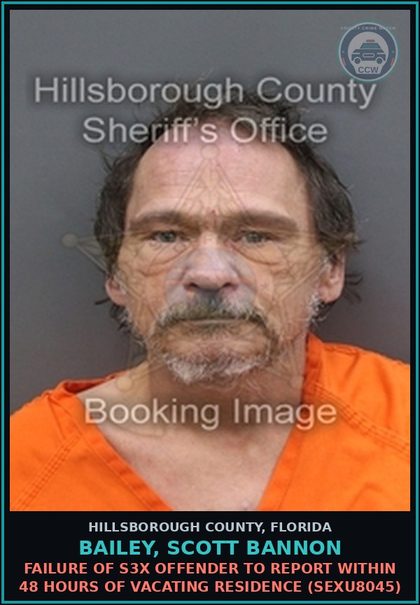 CCW arrest card for BAILEY, SCOTT BANNON in Hillsborough County: FAILURE OF s3x OFFENDER TO REPORT WITHIN 48 HOURS OF VACATING RESIDENCE (SEXU8045)