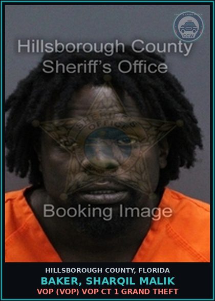CCW arrest card for BAKER, SHARQIL MALIK in Hillsborough County: VOP (VOP) VOP CT 1 GRAND THEFT