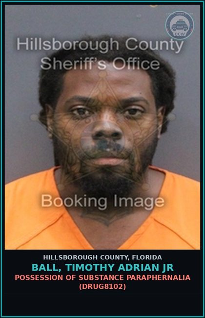CCW arrest card for BALL, TIMOTHY ADRIAN JR in Hillsborough County: POSSESSION OF DRUG PARAPHERNALIA (DRUG8102)