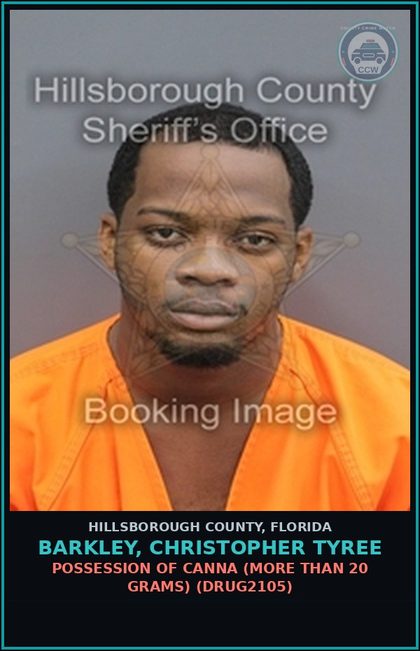 CCW arrest card for BARKLEY, CHRISTOPHER TYREE in Hillsborough County: POSSESSION OF Canna (MORE THAN 20 GRAMS) (DRUG2105)