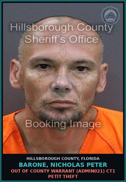 CCW arrest card for BARONE, NICHOLAS PETER in Hillsborough County: DRIVING WHILE LICENSE CANCELED, SUSPENDED, OR REVOKED (SECOND OR SUBSEQUENT OFFENSE) (TRAF6069)