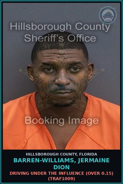 CCW arrest card for BARREN-WILLIAMS, JERMAINE DION in Hillsborough County: DRIVING UNDER THE INFLUENCE (OVER 0.15) (TRAF1009)