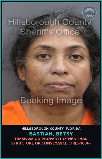 CCW arrest card for BASTIAN, BETSY in Hillsborough County: TRESPASS ON PROPERTY OTHER THAN STRUCTURE OR CONVEYANCE (TRES4006)