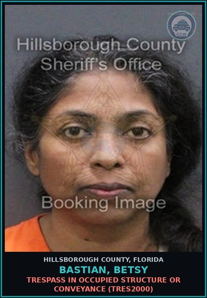 CCW arrest card for BASTIAN, BETSY in Hillsborough County: TRESPASS IN OCCUPIED STRUCTURE OR CONVEYANCE (TRES2000)
