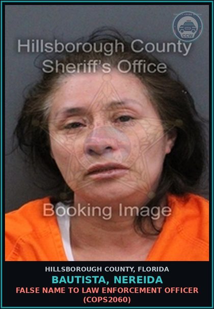 CCW arrest card for BAUTISTA, NEREIDA in Hillsborough County: FALSE NAME TO LAW ENFORCEMENT OFFICER (COPS2060)