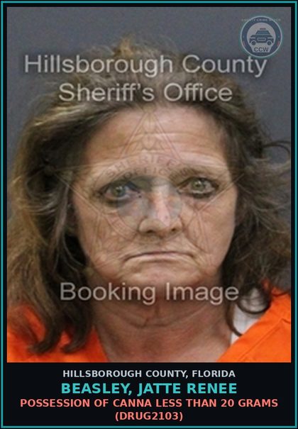 CCW arrest card for BEASLEY, JATTE RENEE in Hillsborough County: POSSESSION OF Canna LESS THAN 20 GRAMS (DRUG2103)