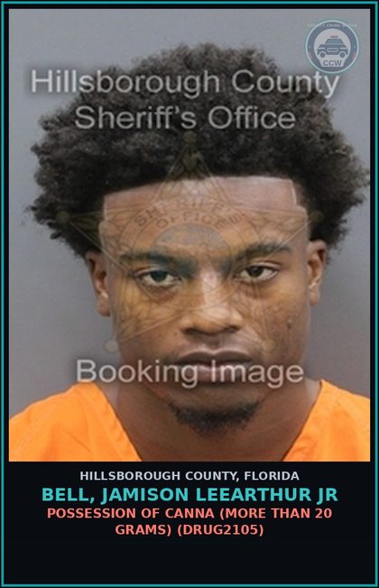 CCW arrest card for BELL, JAMISON LEEARTHUR JR in Hillsborough County: POSSESSION OF Canna (MORE THAN 20 GRAMS) (DRUG2105)