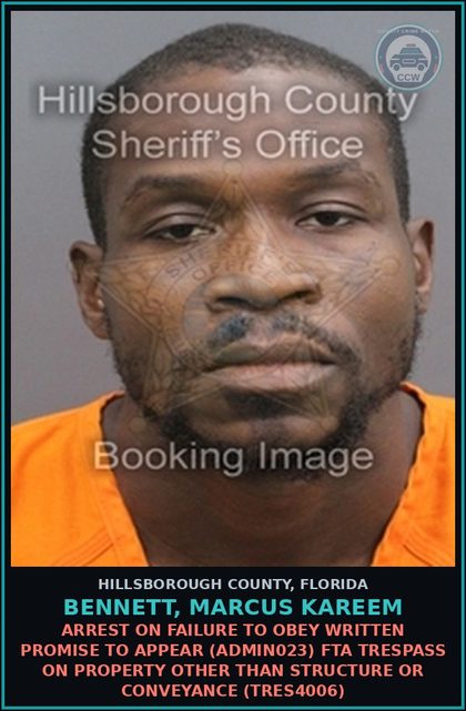 CCW arrest card for BENNETT, MARCUS KAREEM in Hillsborough County: ARREST ON FAILURE TO OBEY WRITTEN PROMISE TO APPEAR (ADMIN023) FTA TRESPASS ON PROPERTY OTHER THAN STRUCTURE OR CONVEYANCE (TRES4006)