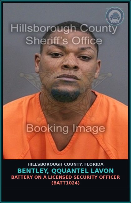 CCW arrest card for BENTLEY, QQUANTEL LAVON in Hillsborough County: BATTERY ON A LICENSED SECURITY OFFICER (BATT1024)