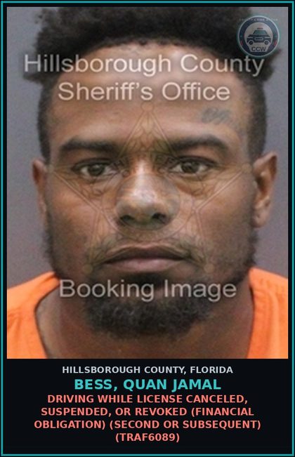 CCW arrest card for BESS, QUAN JAMAL in Hillsborough County: DRIVING WHILE LICENSE CANCELED, SUSPENDED, OR REVOKED (FINANCIAL OBLIGATION) (SECOND OR SUBSEQUENT) (TRAF6089)