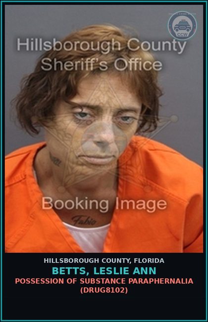 CCW arrest card for BETTS, LESLIE ANN in Hillsborough County: POSSESSION OF DRUG PARAPHERNALIA (DRUG8102)