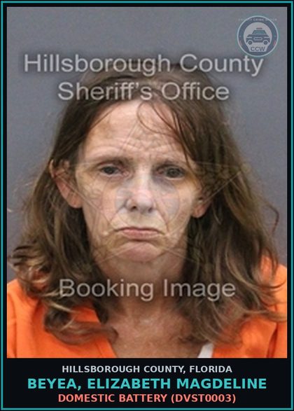 CCW arrest card for BEYEA, ELIZABETH MAGDELINE in Hillsborough County: DOMESTIC BATTERY (DVST0003)