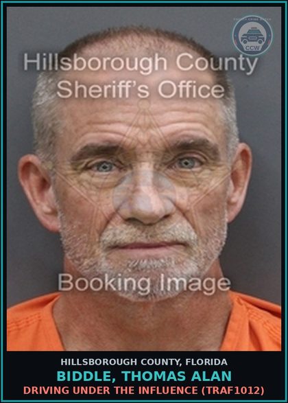 CCW arrest card for BIDDLE, THOMAS ALAN in Hillsborough County: DRIVING UNDER THE INFLUENCE (TRAF1012)