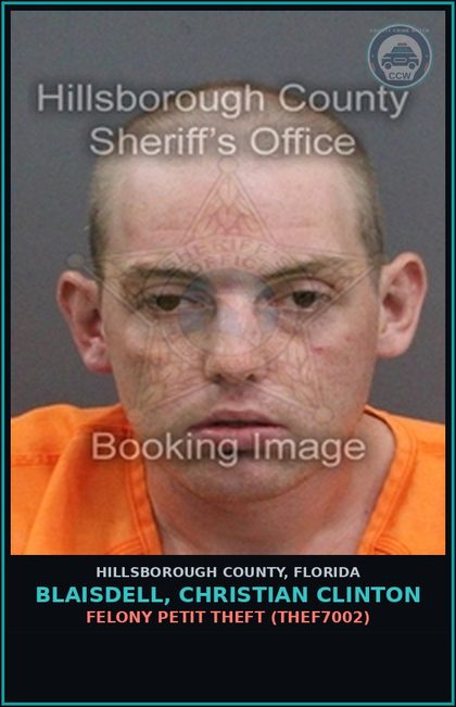 CCW arrest card for BLAISDELL, CHRISTIAN CLINTON in Hillsborough County: FELONY PETIT THEFT (THEF7002)