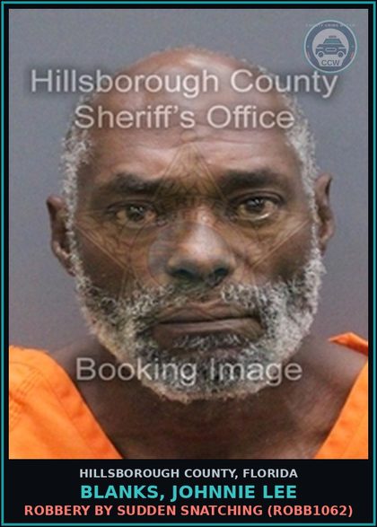 CCW arrest card for BLANKS, JOHNNIE LEE in Hillsborough County: ROBBERY BY SUDDEN SNATCHING (ROBB1062)