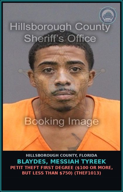 CCW arrest card for BLAYDES, MESSIAH TYREEK in Hillsborough County: DRIVING WITH LICENSE CANCELED, SUSPENDED, OR REVOKED (3RD OFFENSE) (TRAF6077)
