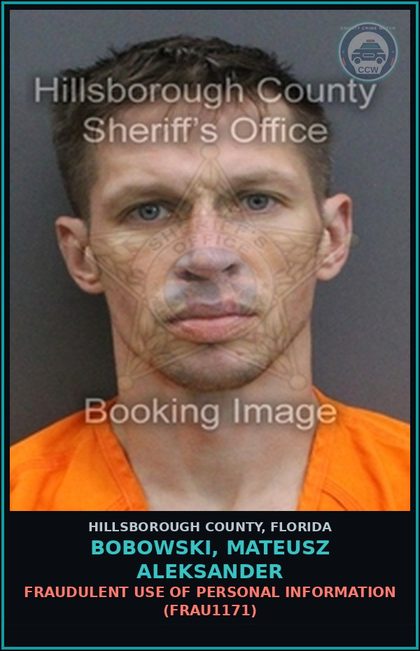 CCW arrest card for BOBOWSKI, MATEUSZ ALEKSANDER in Hillsborough County: POSSESSION OF contr substance (DRUG9101)