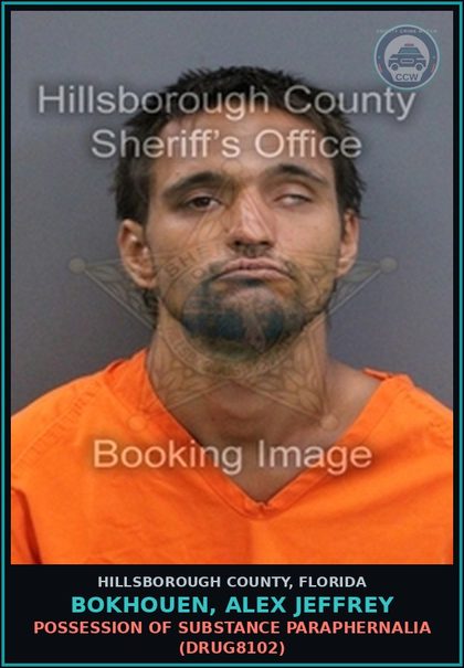 CCW arrest card for BOKHOUEN, ALEX JEFFREY in Hillsborough County: POSSESSION OF DRUG PARAPHERNALIA (DRUG8102)
