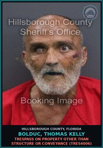 CCW arrest card for BOLDUC, THOMAS KELLY in Hillsborough County: TRESPASS ON PROPERTY OTHER THAN STRUCTURE OR CONVEYANCE (TRES4006)