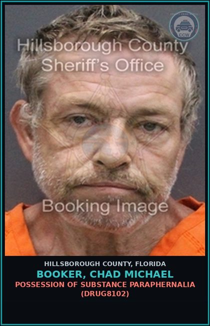 CCW arrest card for BOOKER, CHAD MICHAEL in Hillsborough County: POSSESSION OF DRUG PARAPHERNALIA (DRUG8102)