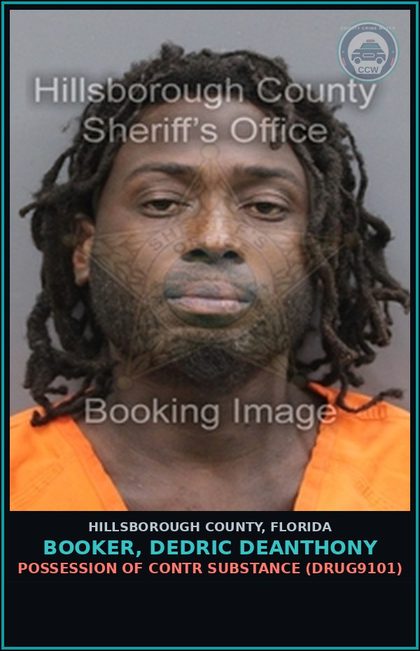 CCW arrest card for BOOKER, DEDRIC DEANTHONY in Hillsborough County: POSSESSION OF contr substance (DRUG9101)