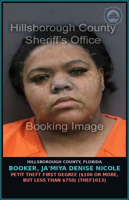 CCW arrest card for BOOKER, JA'MIYA DENISE NICOLE in Hillsborough County: PETIT THEFT FIRST DEGREE ($100 OR MORE, BUT LESS THAN $750) (THEF1013)