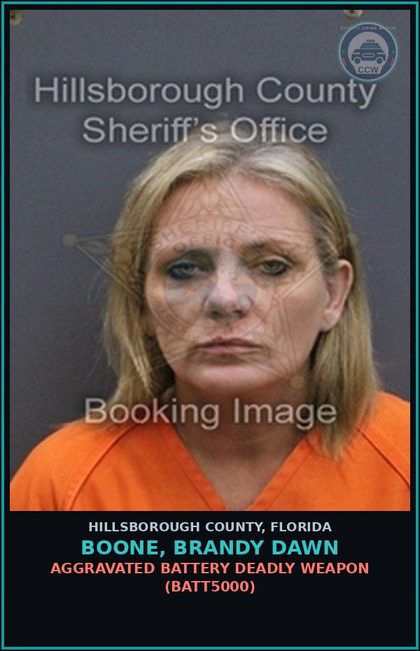 CCW arrest card for BOONE, BRANDY DAWN in Hillsborough County: AGGRAVATED BATTERY DEADLY WEAPON (BATT5000)