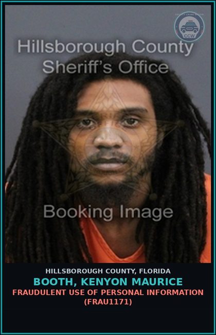 CCW arrest card for BOOTH, KENYON MAURICE in Hillsborough County: FRAUDULENT USE OF PERSONAL INFORMATION (FRAU1171)