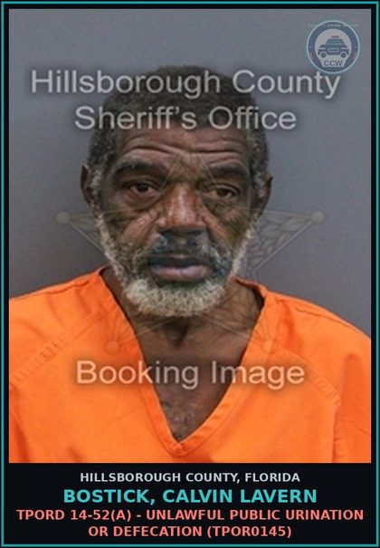 CCW arrest card for BOSTICK, CALVIN LAVERN in Hillsborough County: TPORD 14-52(A) - UNLAWFUL PUBLIC URINATION OR DEFECATION (TPOR0145)