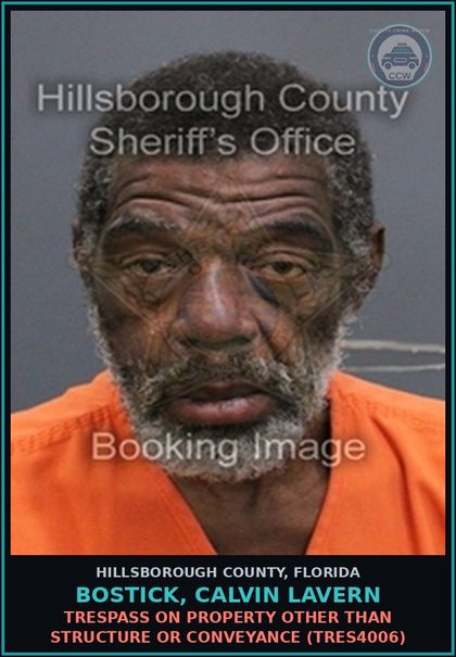 CCW arrest card for BOSTICK, CALVIN LAVERN in Hillsborough County: TRESPASS ON PROPERTY OTHER THAN STRUCTURE OR CONVEYANCE (TRES4006)