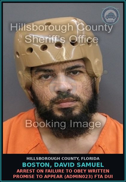 CCW arrest card for BOSTON, DAVID SAMUEL in Hillsborough County: ARREST ON FAILURE TO OBEY WRITTEN PROMISE TO APPEAR (ADMIN023) FTA DUI
