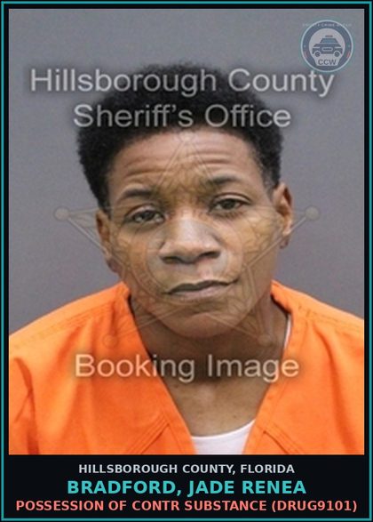 CCW arrest card for BRADFORD, JADE RENEA in Hillsborough County: POSSESSION OF contr substance (DRUG9101)