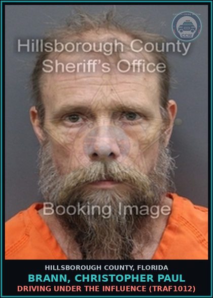 CCW arrest card for BRANN, CHRISTOPHER PAUL in Hillsborough County: DRIVING UNDER THE INFLUENCE (TRAF1012)
