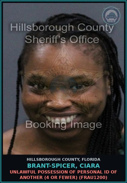 CCW arrest card for BRANT-SPICER, CIARA in Hillsborough County: RESISTING OFFICER WITHOUT VIOLENCE (COPS1001)